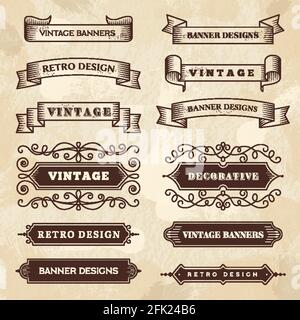 Vintage banners. Wedding flourish ornament grunge ribbons chalkboard textures vector retro style badges Stock Vector