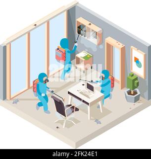 Office disinfection. Pest poison cleaning service working in room insects controlling vector isometric concept Stock Vector