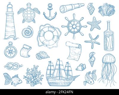 Nautical collection. Sailing boats hand drawn marine set fishes vessel vector set Stock Vector