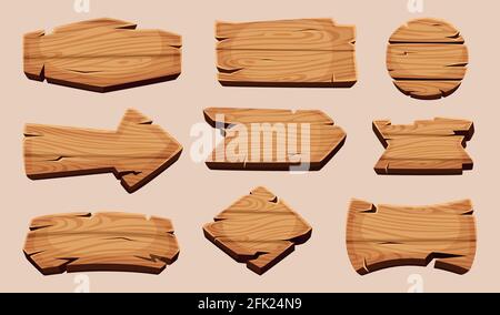 Wooden cartoon boards. Rustic label wooden ribbons template blank signboard vector picture Stock Vector