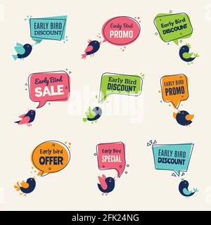 Early bird. Special offers badges discounts labels with birds vector advertising signs collection Stock Vector