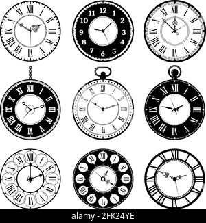 Retro clocks. Old roman vintage round watches collection vector pictures set Stock Vector