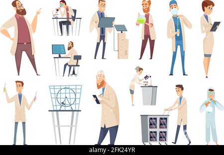 Science persons. Characters doctors lab technician workers biologists or pharmacists vector people Stock Vector