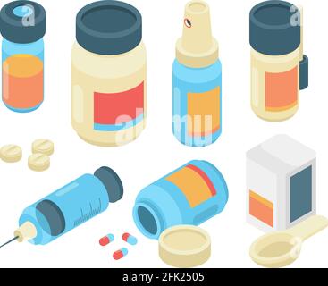 Drugs pills isometric. Pharmaceutical healthcare 3d items emergency doctor tools for clinic medication use vector collection Stock Vector