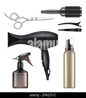 Barber shop. Hairdressing tools for hair stylist worker beauty dryer scissors machine for shaving vector realistic pictures Stock Vector