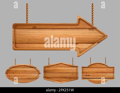 Wooden banners. Realistic advertizing sign boards vintage texture of wood vector template Stock Vector