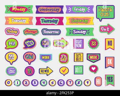 To do stickers. Planner sticky paper organizer labels badges for agenda notepad trendy lettering different styles vector set Stock Vector