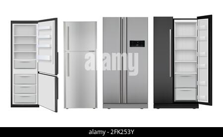 Fridge realistic. Open and closed home refrigerator empty freezer for healthy food vector set Stock Vector
