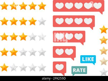 Rating stars. Social assessment scores likes hearts vector symbols Stock Vector