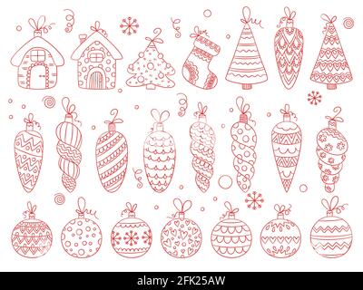 Winter toys. Christmas balls holiday decoration ornamental stars and snowflakes bubbles and bells vector hand drawn set Stock Vector