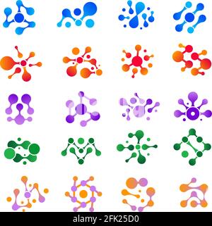Molecular explosion. Round shapes water ink drops scientific logo medical genetic biology models vector set Stock Vector