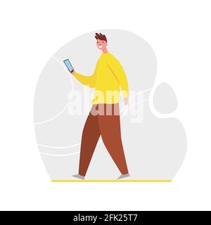 Guy chatting and repost information with friends use mobile app messenger vector flat illustration. Holding smartphone with contacts isolated on white Stock Vector