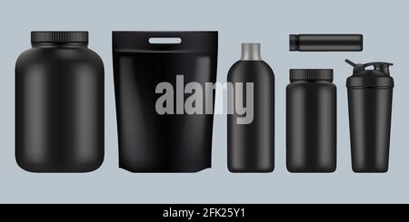Black Protein powder container with red lid. Sport food bottles. Vector  mockup of protein sport nutrition jar illustration. Stock Vector