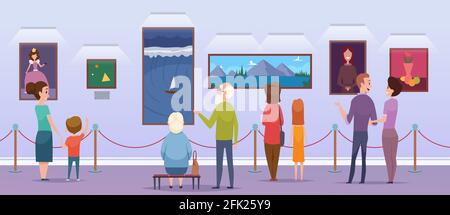 Art gallery. People watching a pictures in museum place painting exhibition portraits students artwork vector cartoon characters Stock Vector