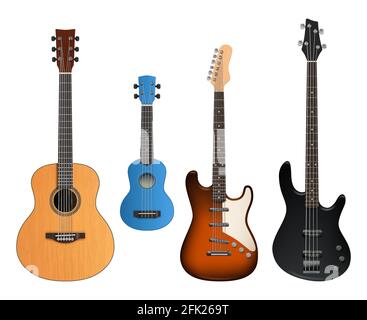 Guitars. Realistic musical instruments sound making items rock and acoustic guitars vector collection Stock Vector