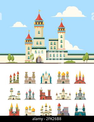 Medieval castles. Old palazzo building hill towers vector flat illustration Stock Vector