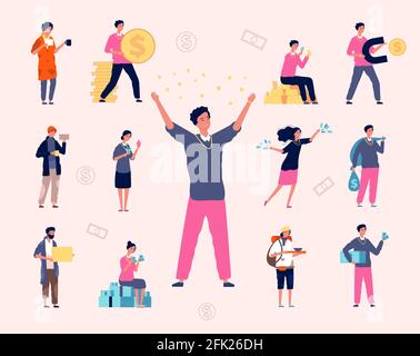 Homeless rich. Social problem sad and poor person happy characters with a lot of money luxury lifestyle vector characters Stock Vector