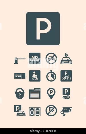 Parking symbols. Paid money garage auto park cars bikes buses automatic parking systems vector set Stock Vector