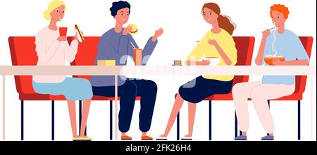 Friends eating. Happy people meeting and have a dinner sitting at the table in restaurant or cafe vector characters Stock Vector