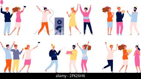 Party people. Friends at birthday celebrating dancing playing and eating have a fun vector characters Stock Vector