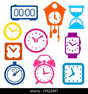 Set of different clocks. Stylized icons for design and applications. Stock Vector