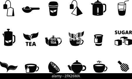 Black tea icon. Hot tea with lemon biscuit bubble drinks beverage in cup england food vector collection Stock Vector