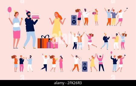 Birthday people. Happy party characters family celebration dancing have a fun balloons and cake vector set Stock Vector