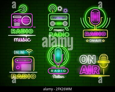 Radio glowing logo. Neon style colored business music broadcast emblem live show vector ads Stock Vector