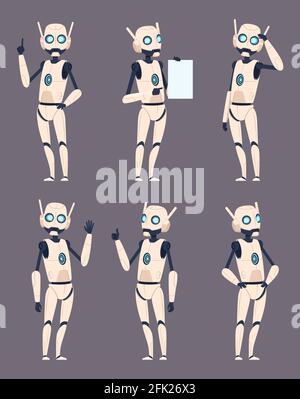 Android characters. Cyborg in different poses standing pointing humanoid spaceman vector futuristic set Stock Vector