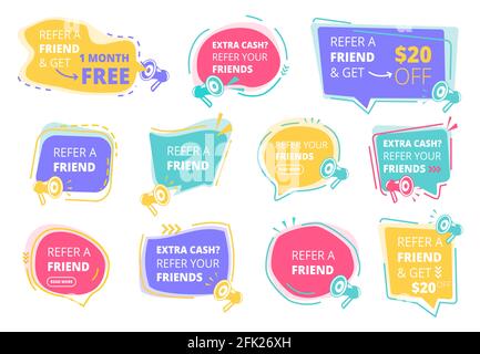 Refer a friend. Referral program promotional stickers vector colored badges design template Stock Vector