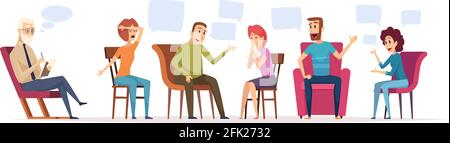 Group therapy. Crowd sitting dialogue with therapist emotional conversation patient with doctor psychology problems vector concept Stock Vector