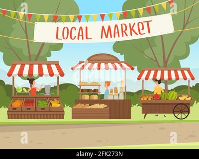 Local market. People shopping healthy fresh food vegetables fruit meat grocery stores organic products vector background Stock Vector