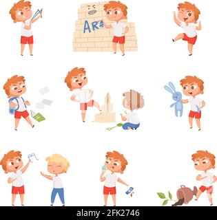 Bad behavior kids. School sad boys and girls angry devil little persons vector characters Stock Vector