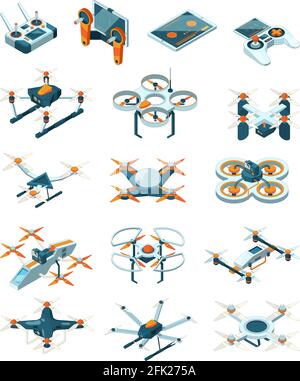 Drones isometric. Aircraft future modern technologies transport unmanned aviation vector set Stock Vector