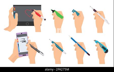 Hands writing. Writers holding pen and pencil vector cartoon tools Stock Vector