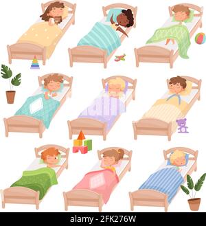 Sleeping kindergarten. Tired boys and girls little kids in beds quiet hour casual daytime vector characters Stock Vector