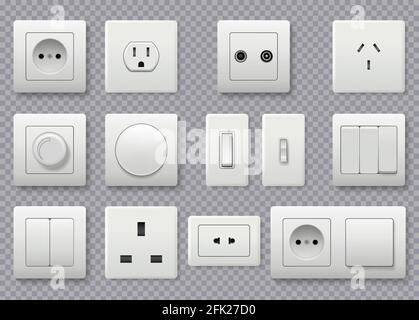 Wall switch. Power electrical socket different modern round switches vector realistic collection Stock Vector