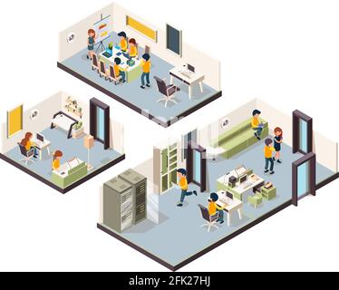 Coworking isometric. Corporate office interior open space creativity managers meeting groups freelancers talking vector low poly Stock Vector