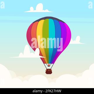 Hot air balloon in sky. Romantic flight in clouds outdoor travel symbols vector background Stock Vector