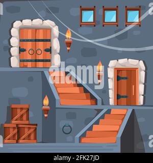 Castle basement. Ancient prison entrance dark crypt interior with doors and staircase stone vector flat picture Stock Vector