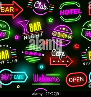 seamless pattern with neon bright glowing flashing text bar on black  background Stock Vector Image & Art - Alamy
