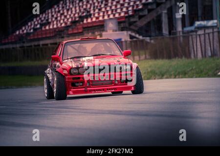 24-04-2021 BMW and tire marks on the asphalt. The car stalled. Drift. Burnout. Editorial photo. Stock Photo