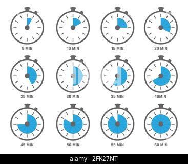 Clock symbols. Timers minutes and hours circle graph objects 5, 10 and 20 min vectors Stock Vector