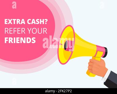 Refer friend poster. Referral program concept loudspeaker in hand friendly placard vector template Stock Vector