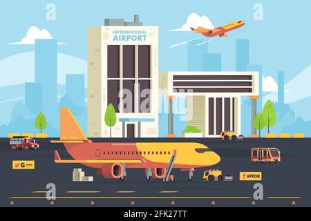 Cargo plane on runway. Warehouse aircraft preparation hangar airport freight aircraft vector flat background Stock Vector