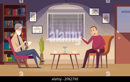Psychotherapy. Patient on sofa professional psychotherapy dialogue session in clinic interior vector cartoon background Stock Vector