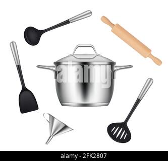 Kitchen objects. Realistic items for cooking food griddles pans knives forks ladles vector utensils Stock Vector