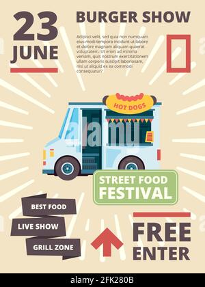 Food truck poster. Delivering products festival invite cars with cousine burgher party banner vector placard template Stock Vector