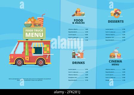 Food truck menu. Urban fast food restaurant street festival pizza barbecue trucks cooking van vector template Stock Vector