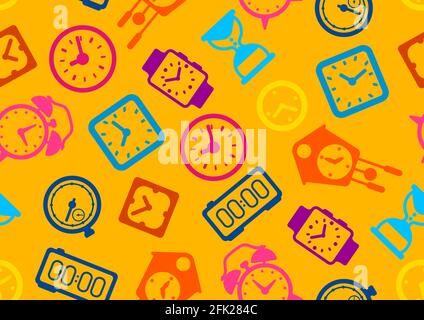 Seamless pattern with different clocks. Stylized icons for design and applications. Stock Vector